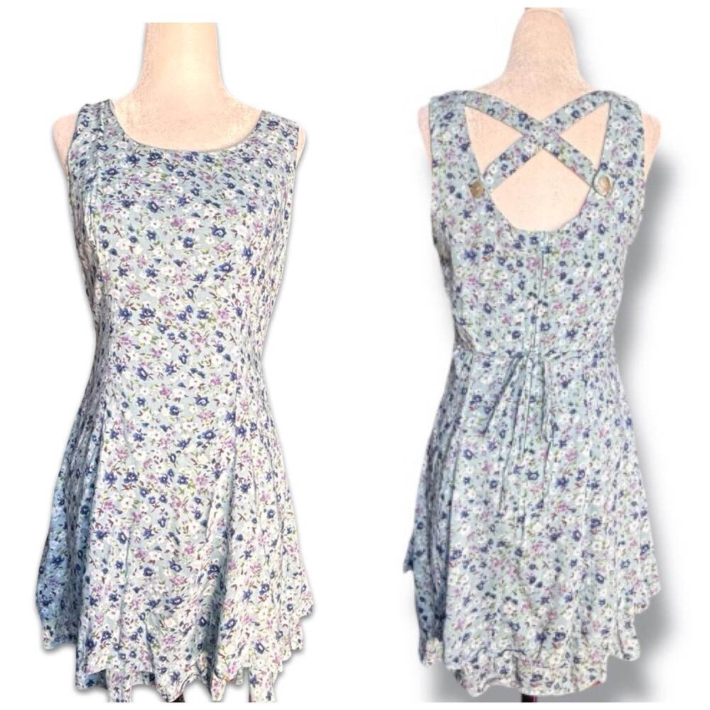 Vintage All That Jazz Baby Blue Floral Sleeveless Open Cross Back Mini Dress - Picture 1 of 9